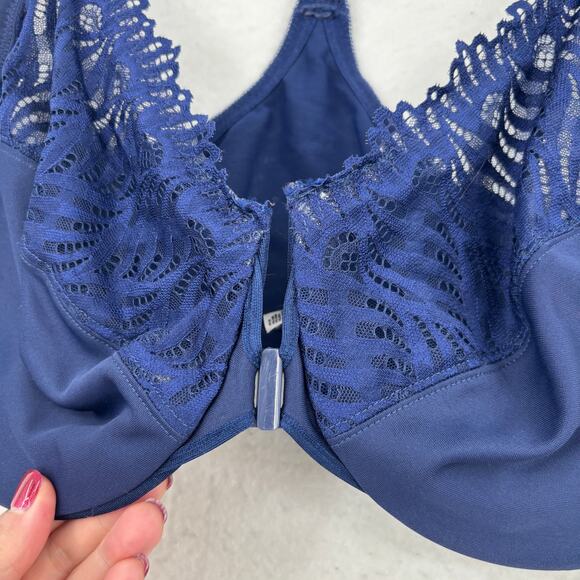 Glamorise Bra Size 38F Navy Blue Wonder Wire Front Close T-Back Lace Underwire - Picture 2 of 7